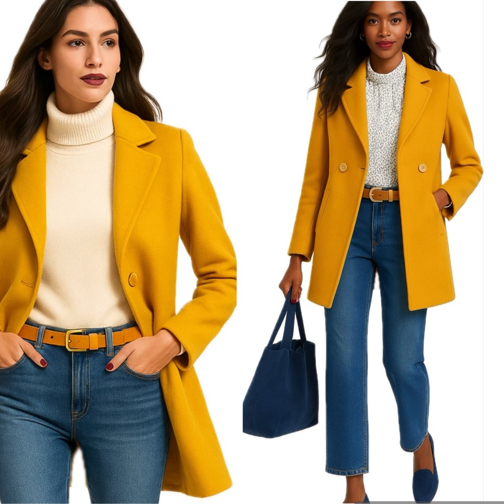 NWOT More & More Mustard Yellow Wool Blend Mid-length Chic Coat| European Brand